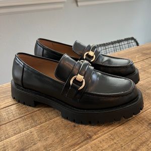 Zara Black Leather Loafers with Gold Buckle